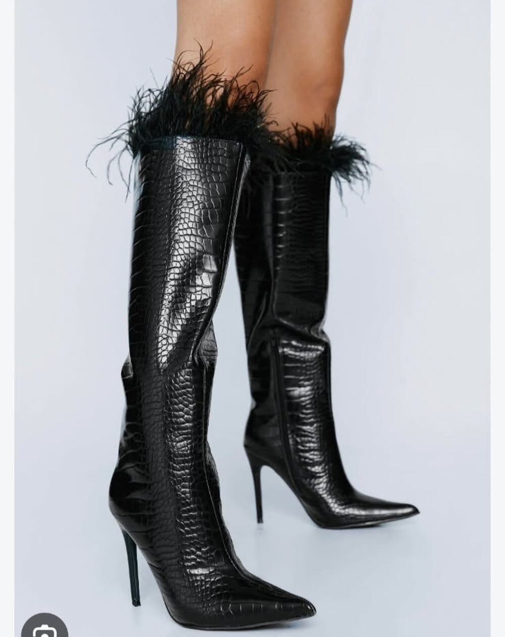 Nasty Gal Faux Croc Feather Trim Knee High Boots Women's Size 7